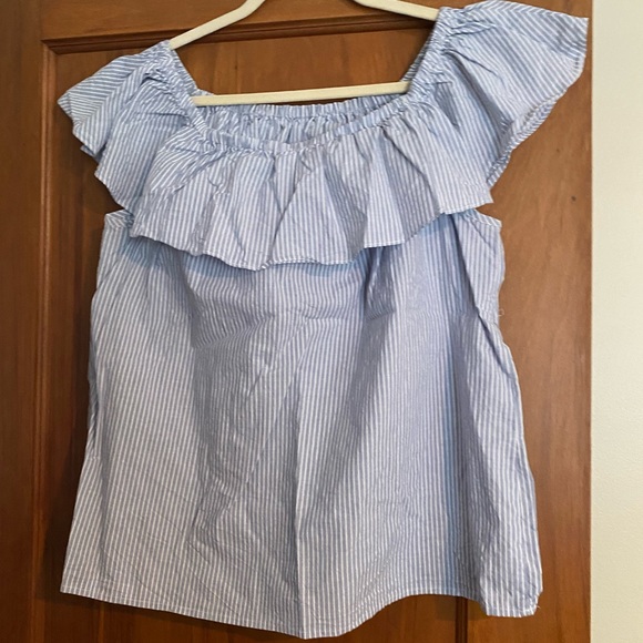 Blue and White Off-the-Shoulder Striped Top with Flower Cutouts - Picture 2 of 3